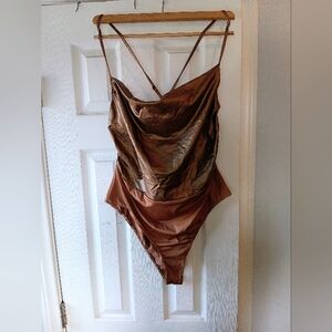 Chic Brown Satin Bodysuit
